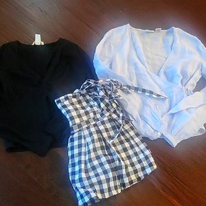 3 tops; light blue linen,b/w plaid, black  cross tie Rachel Zoe, H&M,Old Navy